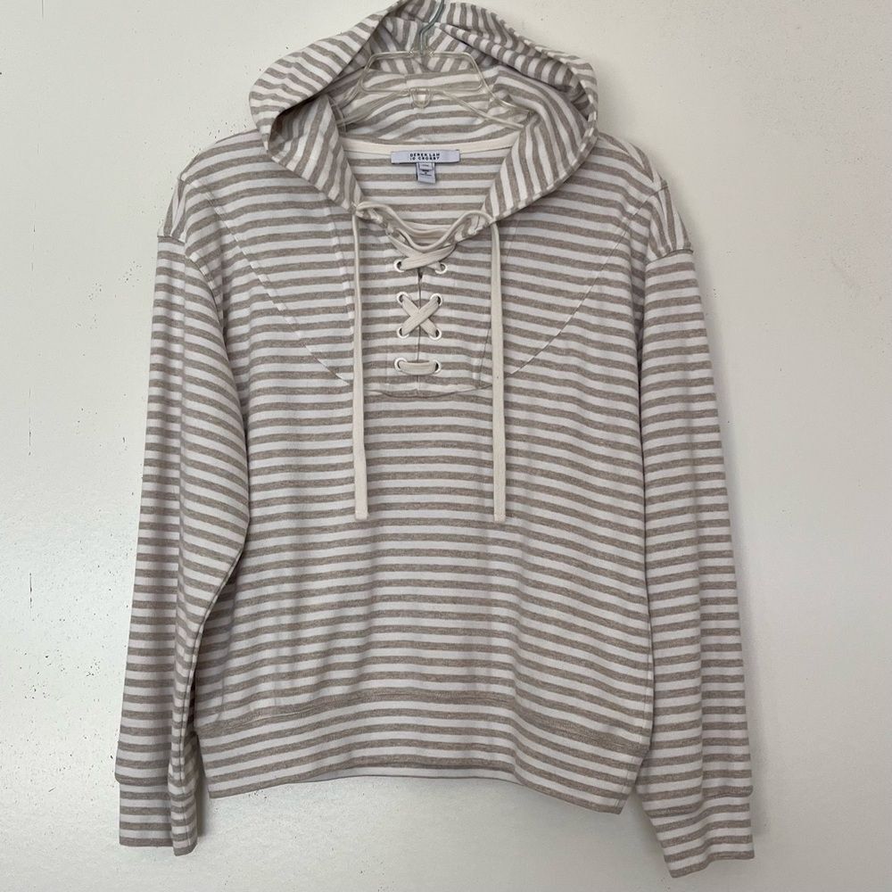 Derek Lam 10 Crosby Hooded Sweatshirt Medium Georgie Lace Up Striped Beige Tan
